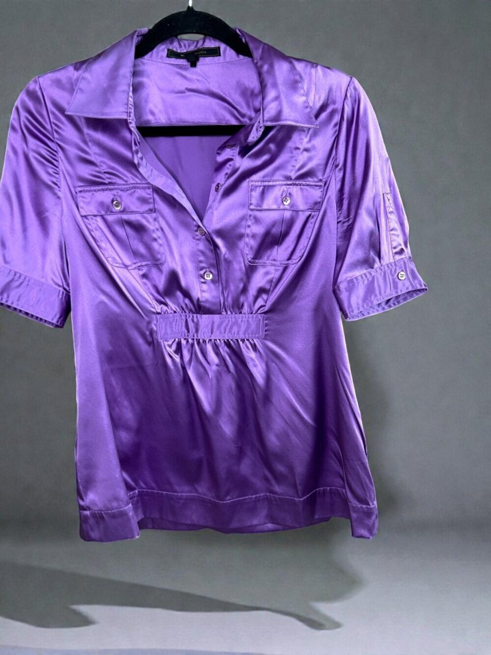 BCBGMaxAzria Purple 100% Silk Short Sleeve Blouse Size Medium